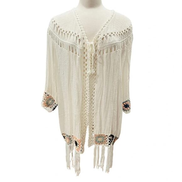 RAIN Boho Open Front Crochet Fringe Cardigan Large NWT - Picture 1 of 5